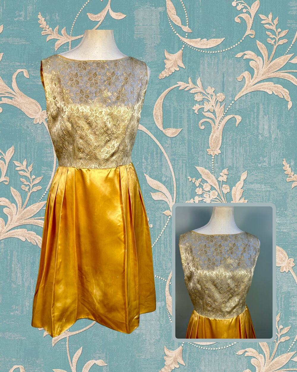 Vintage 50s Gold Yellow Tapestry Tulle Fit Flare Princess Dress Size 6